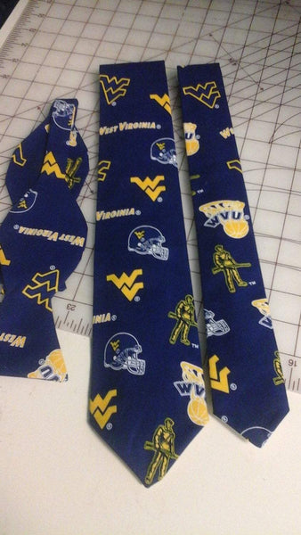 West Virginia University Mountaineers Neckties in bow tie, skinny tie, and standard tie styles, kids or adult sizes