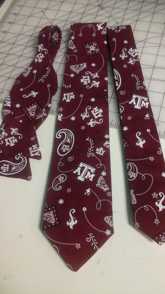 Texas A & M Neckties in bow tie, skinny tie, and standard tie styles, kids or adult sizes