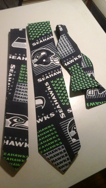 Seattle Seahawks NFL Neckties in bow tie, skinny tie, and standard tie styles, kids or adult sizes