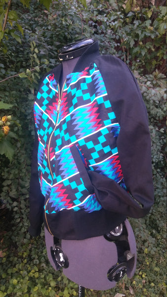 African Kente Print Cotton Unisex Bomber Jacket, Reversible