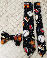 Drum Neckties in bow tie, skinny tie, and standard tie styles, kids or adult sizes