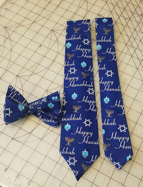 Happy Hanukkah Neckties in bow tie, skinny tie, and standard tie styles, kids or adult sizes