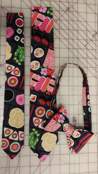 Bento Box Sushi Neckties in bow tie, skinny tie, and standard tie styles, kids or adult sizes