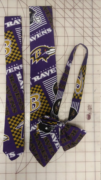 Baltimore Ravens NFL Neckties in bow tie, skinny tie, and standard tie styles, kids or adult sizes