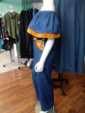 Off Shoulder Denim Jumpsuit with Wide Leg Pants and Ankara Flounce