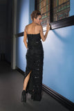 Couture Black Lace, Sequin, and Chiffon Strapless Evening Dress