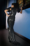 Couture Sequin Gown with Avant Garde Layered Lace Sleeves