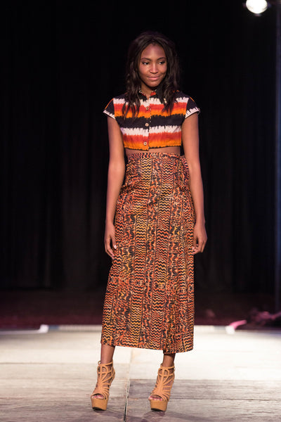 Long Wrap Skirt in Column Silhouette, in Orange and Black Print