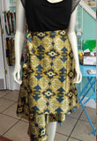 Long Ballet Skirt in Fluid Silky Gold and Green Print with Wrap Closure