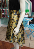 Long Ballet Skirt in Fluid Silky Gold and Green Print with Wrap Closure