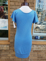 Heather Blue Performance Knit Dress with Flutter Sleeves and Fitted Shape