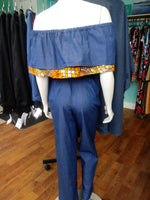 Off Shoulder Denim Jumpsuit with Wide Leg Pants and Ankara Flounce