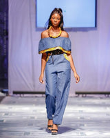 Off Shoulder Denim Jumpsuit with Wide Leg Pants and Ankara Flounce