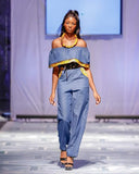 Off Shoulder Denim Jumpsuit with Wide Leg Pants and Ankara Flounce