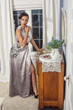 Glamorous Hand Dyed Silver Gown with Hand Drawn Mandelas