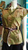 African Ankara Safari Top in Olive and Metallic Peach Wax Block Cotton