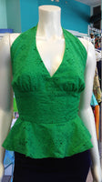 Flirty Green Eyelet Lace Halter Top with Peplum