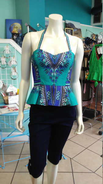 Reversible Pin Up Halter with Fitted Bodice and Flirty Peplum in Teal and Blue Dashiki Print