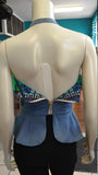 Reversible Pin Up Halter with Fitted Bodice and Flirty Peplum in Teal and Blue Dashiki Print