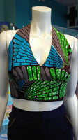 Flirty Ankara Midriff Halter in Green and Brown African Wax Cotton