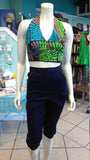 Flirty Ankara Midriff Halter in Green and Brown African Wax Cotton