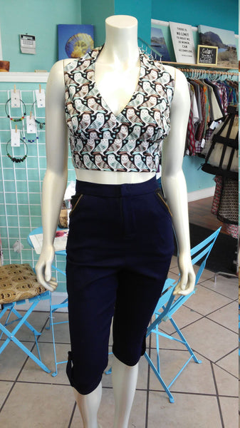 Flirty Midriff Halter in Owl Print Cotton