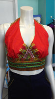 Flirty Red Ankara Midriff Halter in African Wax Block Java Dashiki Cotton