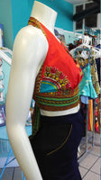 Flirty Red Ankara Midriff Halter in African Wax Block Java Dashiki Cotton