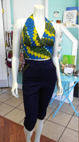 Flirty Ankara Midriff Halter in Yellow and Blue African Wax Cotton