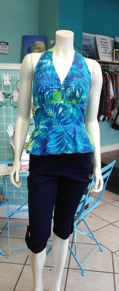 Hawaiian Print Pinup Halter in blue and green floral print and peplum ruffle