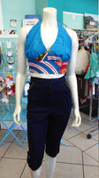 Flirty Ankara Midriff Halter in Blue African Wax Block Cotton