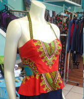 Reversible Pin Up Halter with Fitted Bodice and Flirty Peplum in Red African Dashiki Print