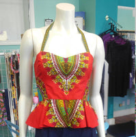 Reversible Pin Up Halter with Fitted Bodice and Flirty Peplum in Red African Dashiki Print