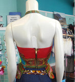 Reversible Pin Up Halter with Fitted Bodice and Flirty Peplum in Red African Dashiki Print