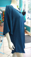 Silky Flutter Sleeve Tunic Dress with Shirttail Hem in Textured Teal Fabric