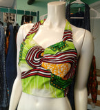 African Wax Block Ankara Halter Crop Top in Lime Green print