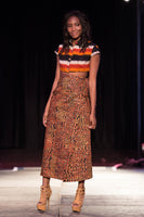 Long Wrap Skirt in Column Silhouette, in Orange and Black Print