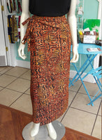 Long Wrap Skirt in Column Silhouette, in Orange and Black Print