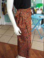 Long Wrap Skirt in Column Silhouette, in Orange and Black Print