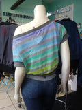 Off Shoulder Slouch Sweatshirt in Lightweight Marine and Grey Striped Knit