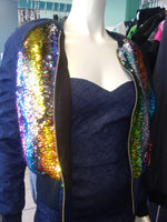 Rainbow Sequin Color Shift Bomber Jacket