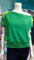 Off Shoulder Slouch Sweatshirt in Green Scuba Knit with Ombre Striped Sleeves