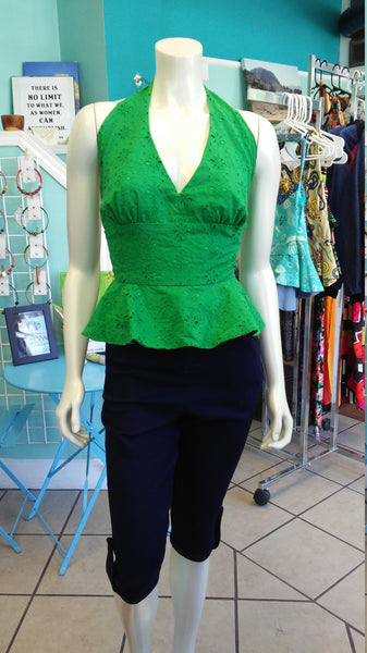 Flirty Green Eyelet Lace Halter Top with Peplum