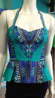 Reversible Pin Up Halter with Fitted Bodice and Flirty Peplum in Teal and Blue Dashiki Print