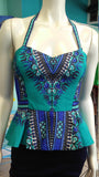 Reversible Pin Up Halter with Fitted Bodice and Flirty Peplum in Teal and Blue Dashiki Print