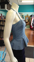 Reversible Pin Up Halter with Fitted Bodice and Flirty Peplum in Teal and Blue Dashiki Print