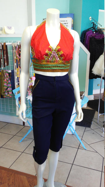 Flirty Red Ankara Midriff Halter in African Wax Block Java Dashiki Cotton