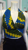 Flirty Ankara Midriff Halter in Yellow and Blue African Wax Cotton