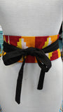 Reversible African Kente Cloth and Black Linen Obi Belt