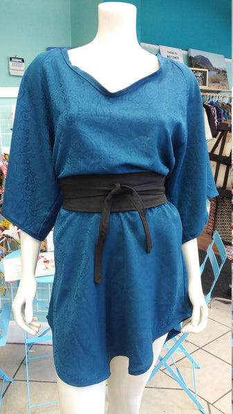 Silky Flutter Sleeve Tunic Dress with Shirttail Hem in Textured Teal Fabric